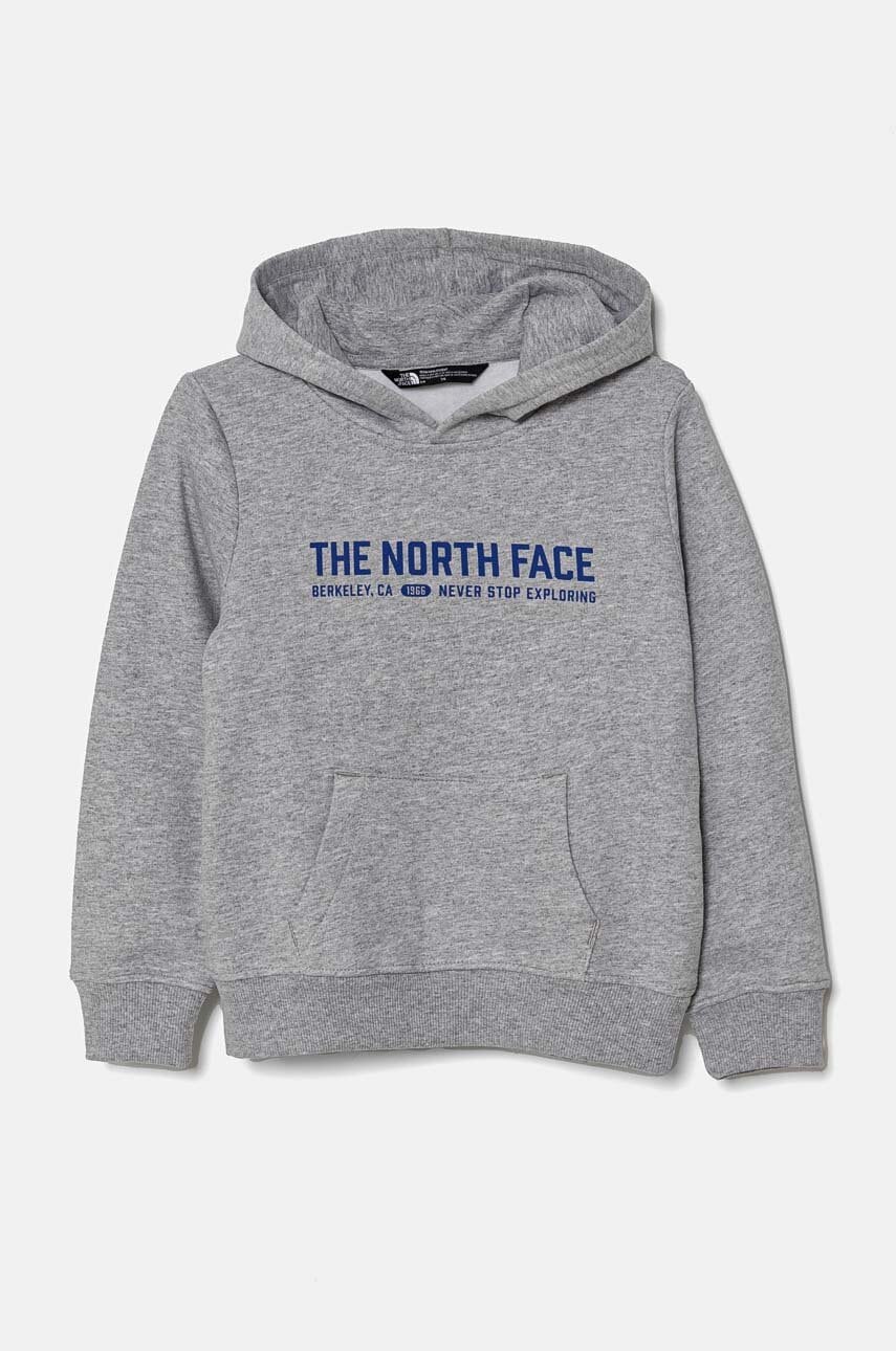 Otroški pulover The North Face VARSITGRAPHIC RELAXED HOODIE siva barva, s kapuco, NF0A89HBDYX1