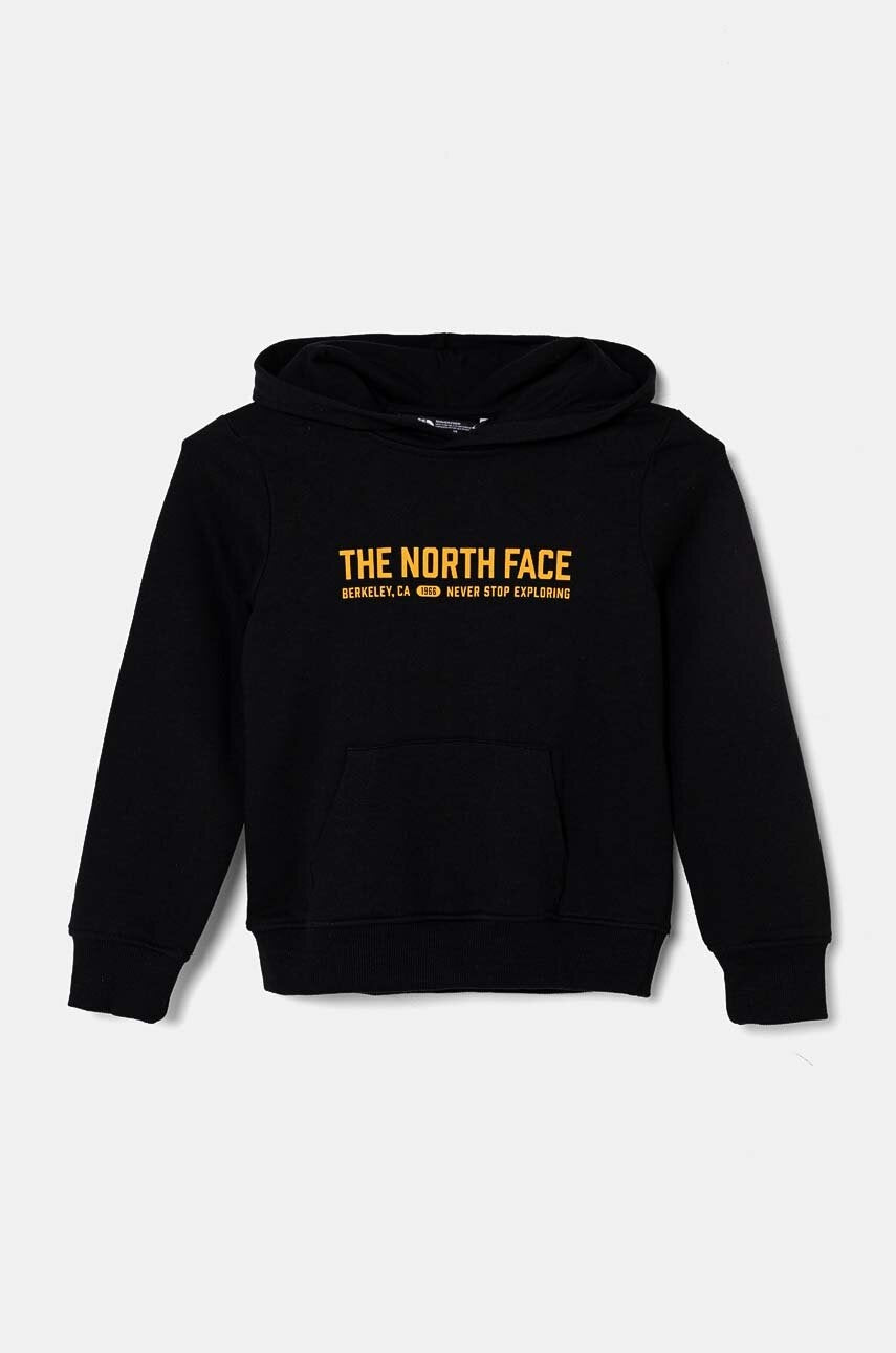 Otroški bombažen pulover The North Face VARSITGRAPHIC RELAXED HOODIE črna barva, s kapuco, NF0A89HBJK31