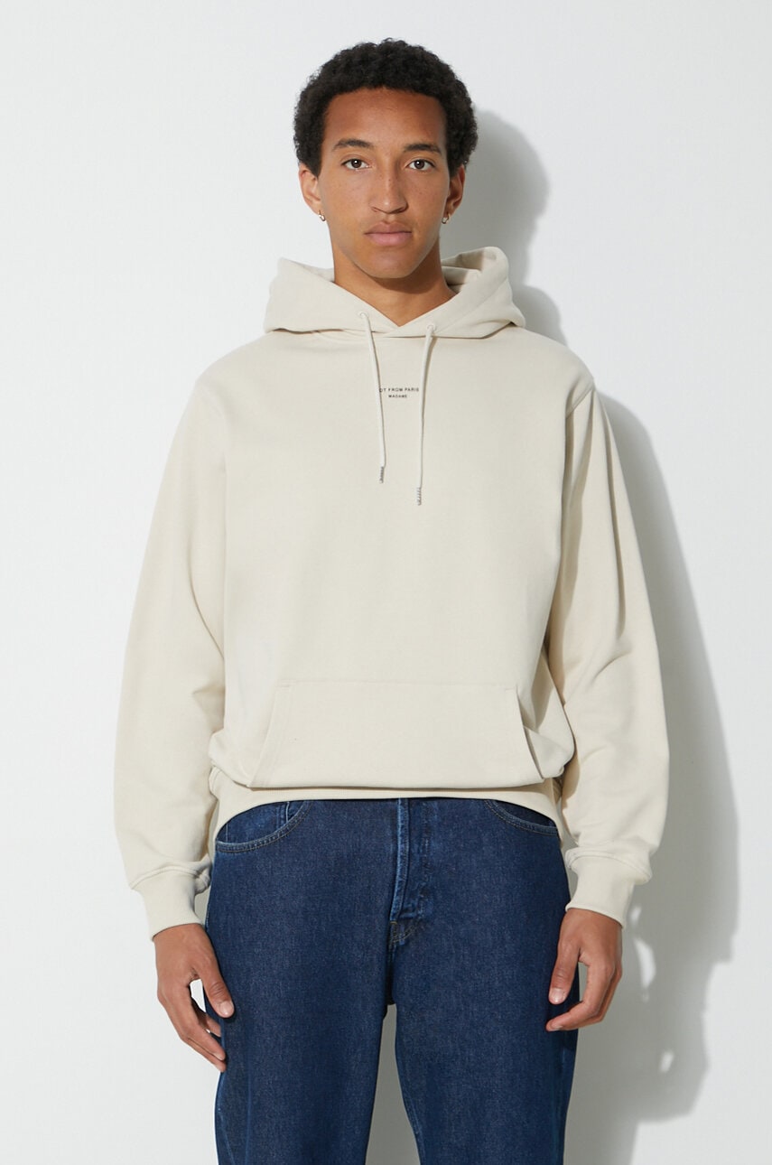 Bombažen pulover Drôle de Monsieur Le Hoodie Slogan a Poche Classique moški, bež barva, s kapuco, PERM-HO161-CO127-MT