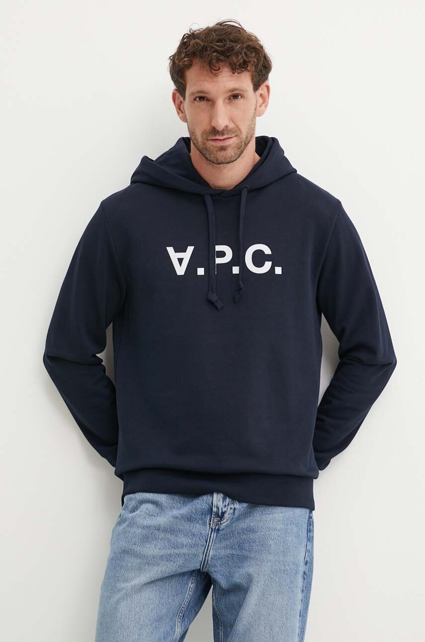 Bombažen pulover A.P.C. hoodie standard grand vpc GOTS mornarsko modra barva, s kapuco, COHBN.M27908