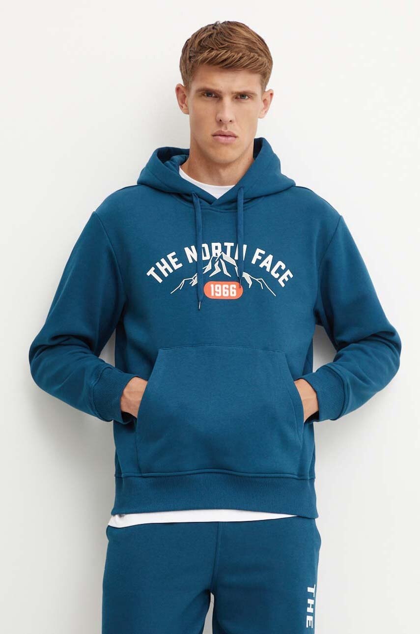 Dukserica The North Face Hoodie Varsity Graphic za muškarce, boja: tirkizna, s kapuljačom, s tiskom, NF0A89DJ1NO1
