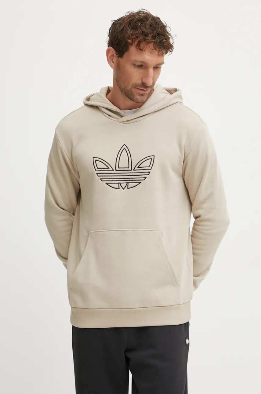 Bombažen pulover adidas Originals Outline Hoodie moški, bež barva, s kapuco, JJ1505