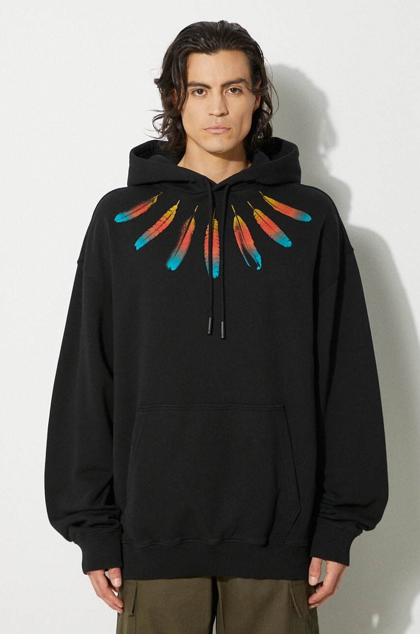 Bombažen pulover Marcelo Burlon Collar Feathers Comfy Hoodie moški, črna barva, s kapuco, CMBB106F24FLE0031084