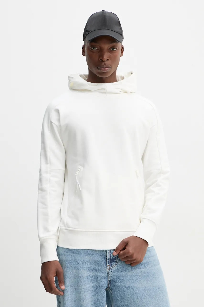 Pamučna dukserica C.P. Company za muškarce, boja: bijela, s kapuljačom, bez uzorka, 17CMSS026A005086W