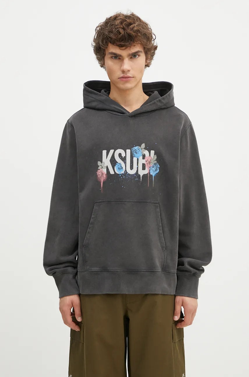 Pamučna dukserica KSUBI Graff Rose Kash Hoodie za muškarce, boja: siva, s kapuljačom, s tiskom, MPF24FL010