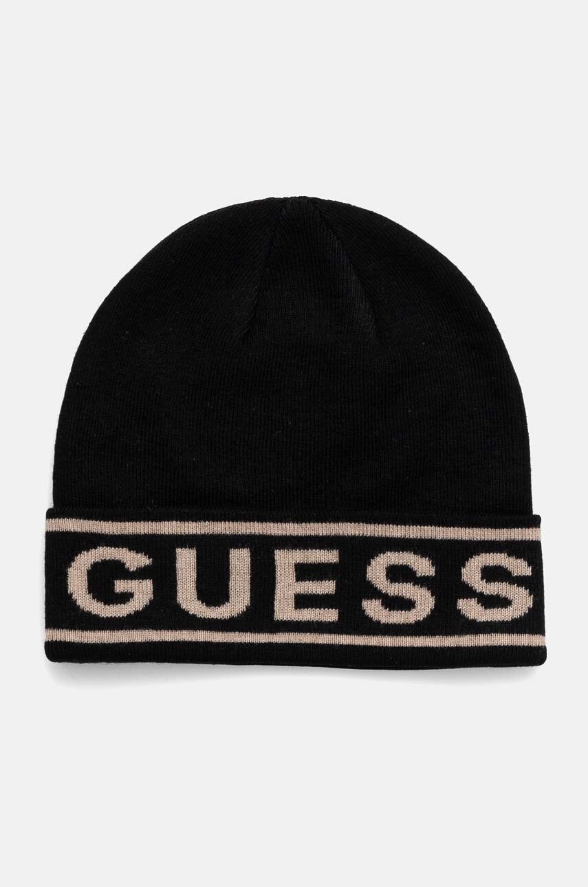 Kapa s dodatkom vune Guess LOGO BEANIE boja: crna, od tanke pletenine, M4BZ06.Z3H82