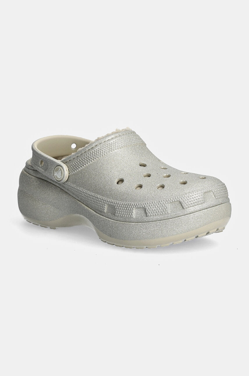 Papuče Crocs Classic Platform Glitter Lined Clog W za žene, boja: srebrna, s platformom, 210413