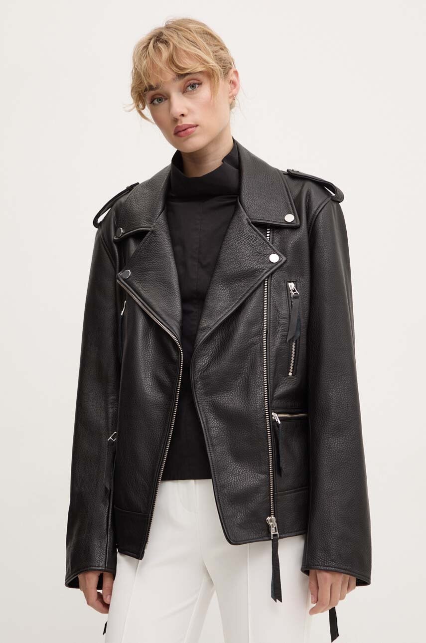 Kožna ramones jakna Remain Biker Leather Jacket za žene, boja: crna, za prijelazno razdoblje, 502123100