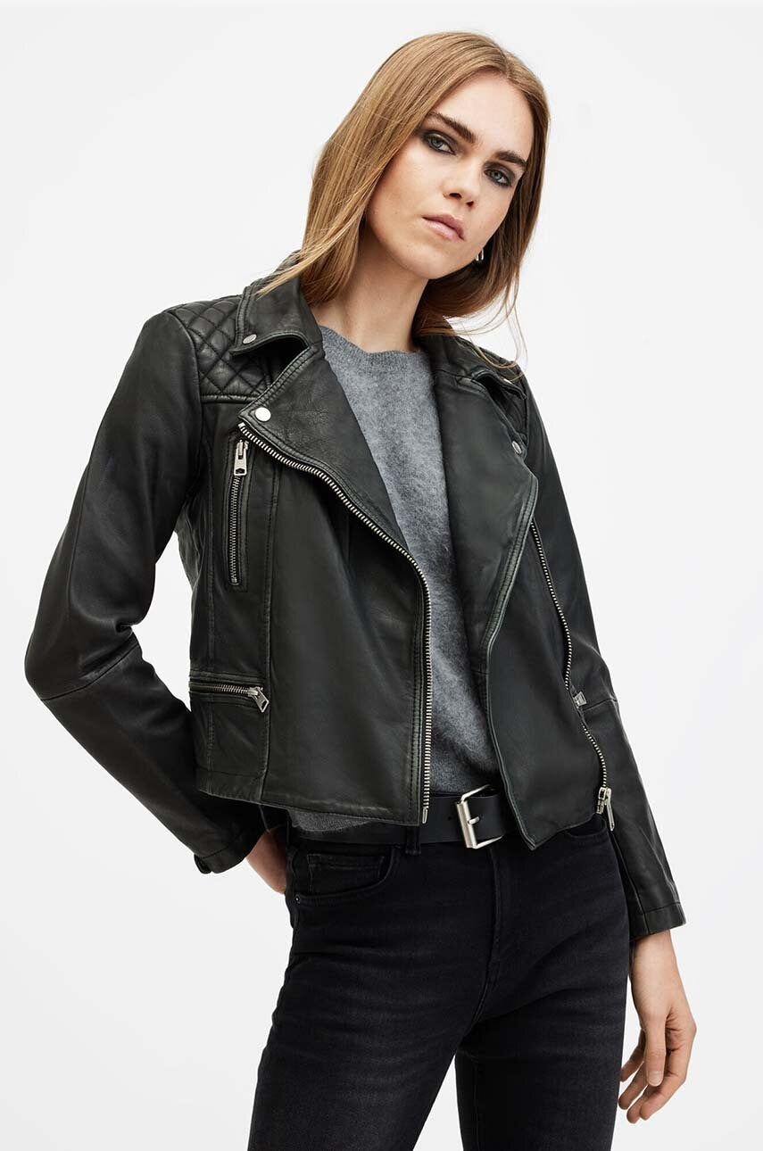 Usnjena jakna AllSaints CARGO BIKER ženska, črna barva, W085LB