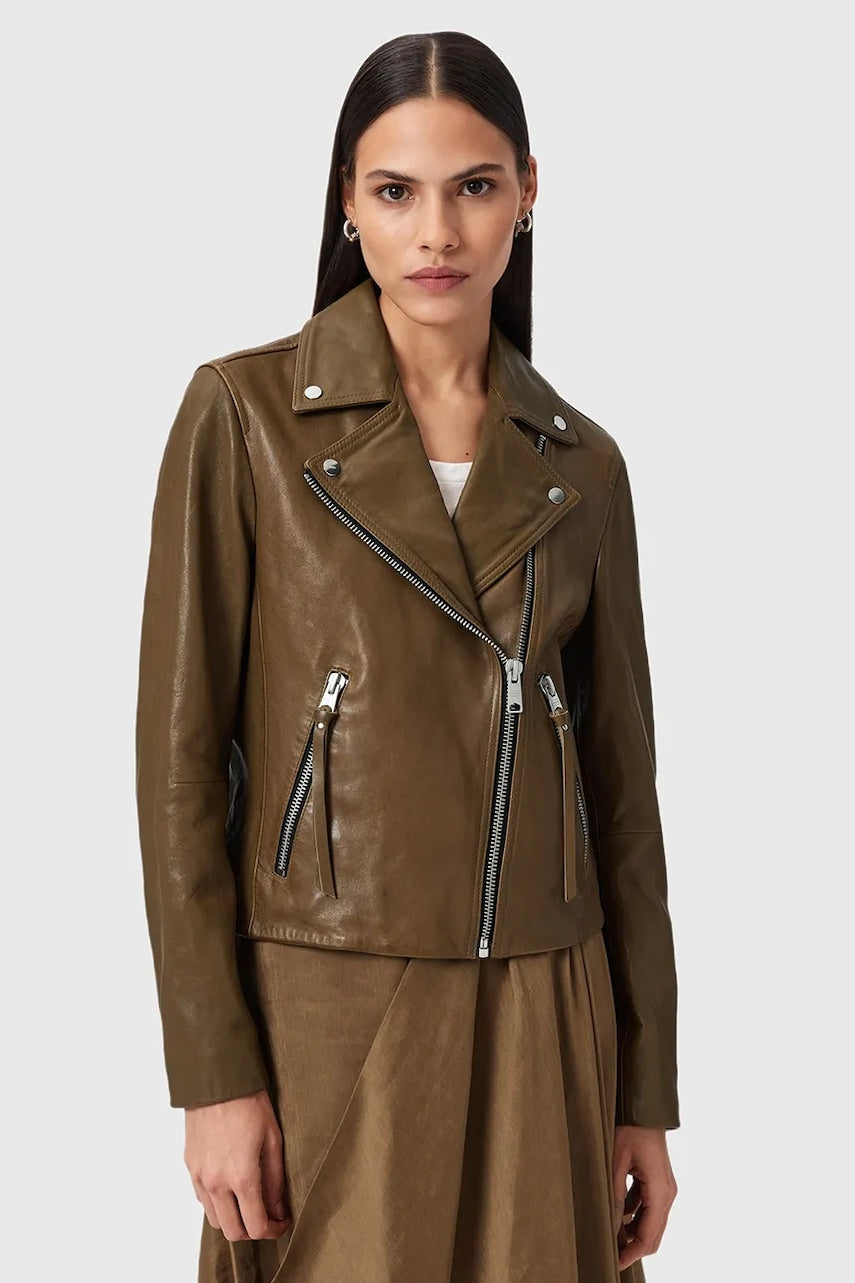 Kožna jakna AllSaints DALBY BIKER za žene, boja: bordo, W099LB