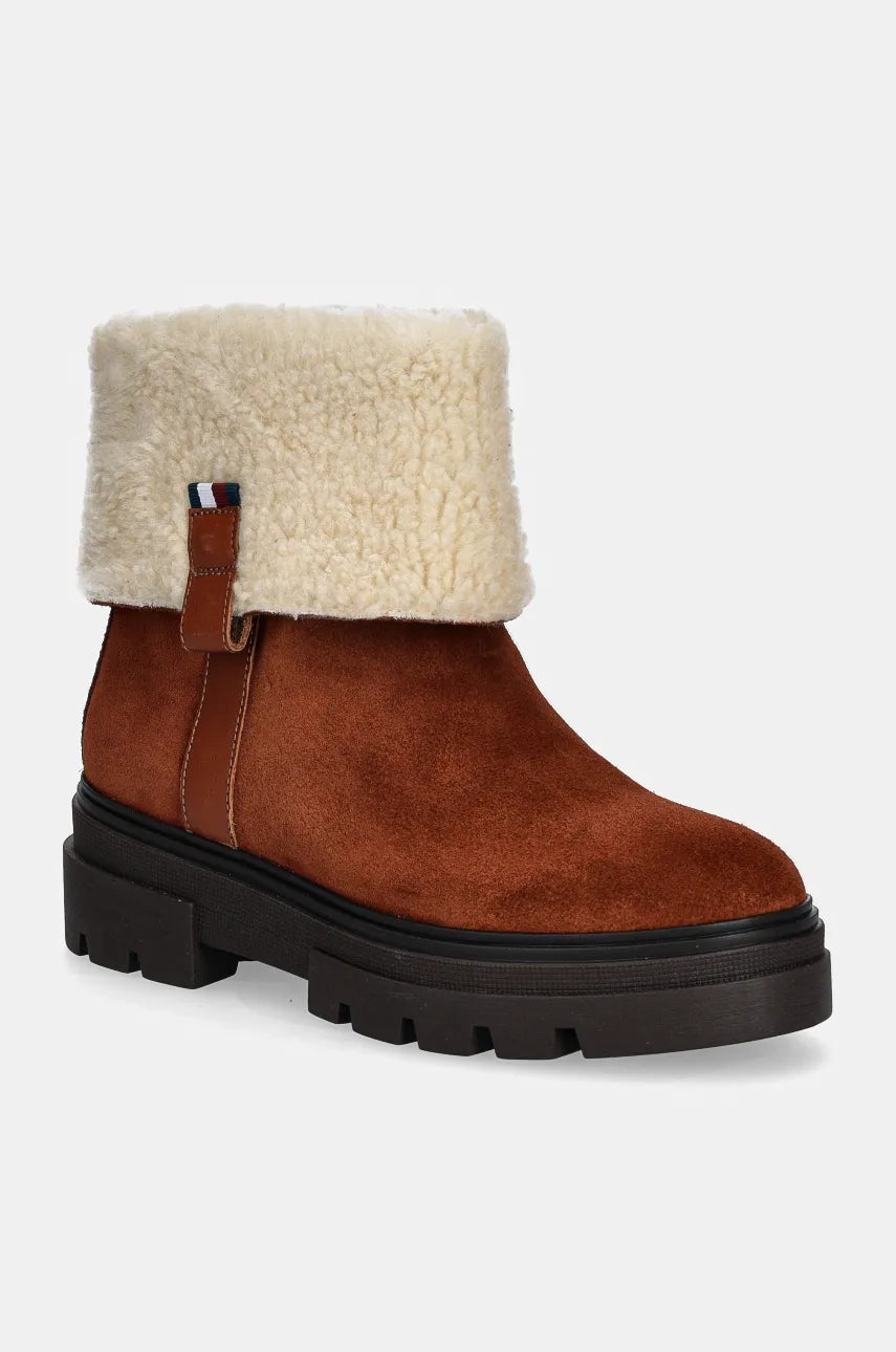 Gležnječe od brušene kože Tommy Hilfiger FAUX FUR SUEDE ROLL-DOWN BOOT boja: smeđa, ravni potplat, s toplom podstavom, FW0FW08158