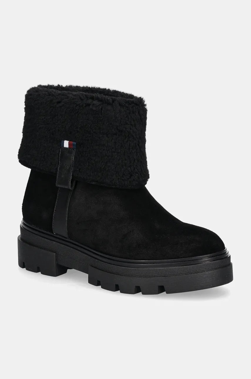 Gležnječe od brušene kože Tommy Hilfiger FAUX FUR SUEDE ROLL-DOWN BOOT boja: crna, ravni potplat, s toplom podstavom, FW0FW08158