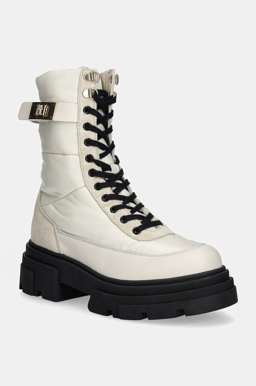 Gležnjače Tommy Hilfiger BIKER LEATHER MIX LACE-UP za žene, boja: bijela, ravni potplat, FW0FW08246