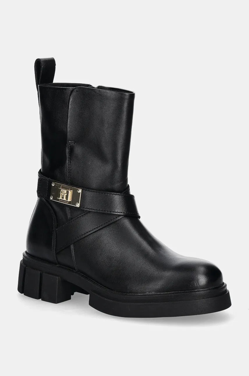 Kožne gležnjače Tommy Hilfiger BIKER LEATHER za žene, boja: crna, s platformom, FW0FW08313