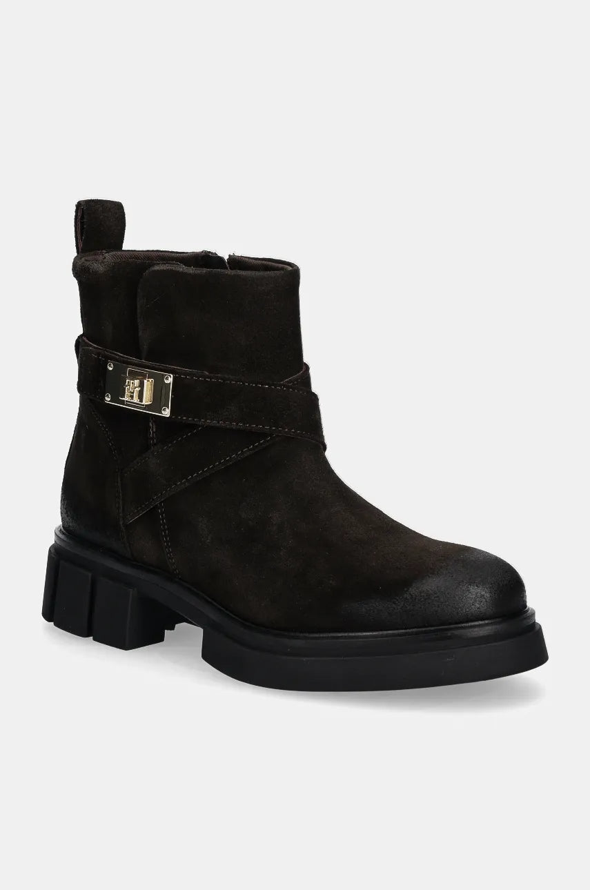 Gležnarji iz semiša Tommy Hilfiger BIKER BRUSHED SUEDE ženski, rjava barva, FW0FW08454