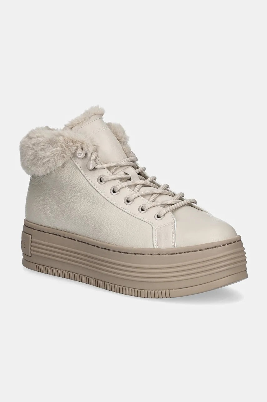 Kožne cipele Calvin Klein Jeans BOLD PLATF LOW LACEUP MG LTH za žene, boja: bež, s platformom, s toplom podstavom, YW0YW01590