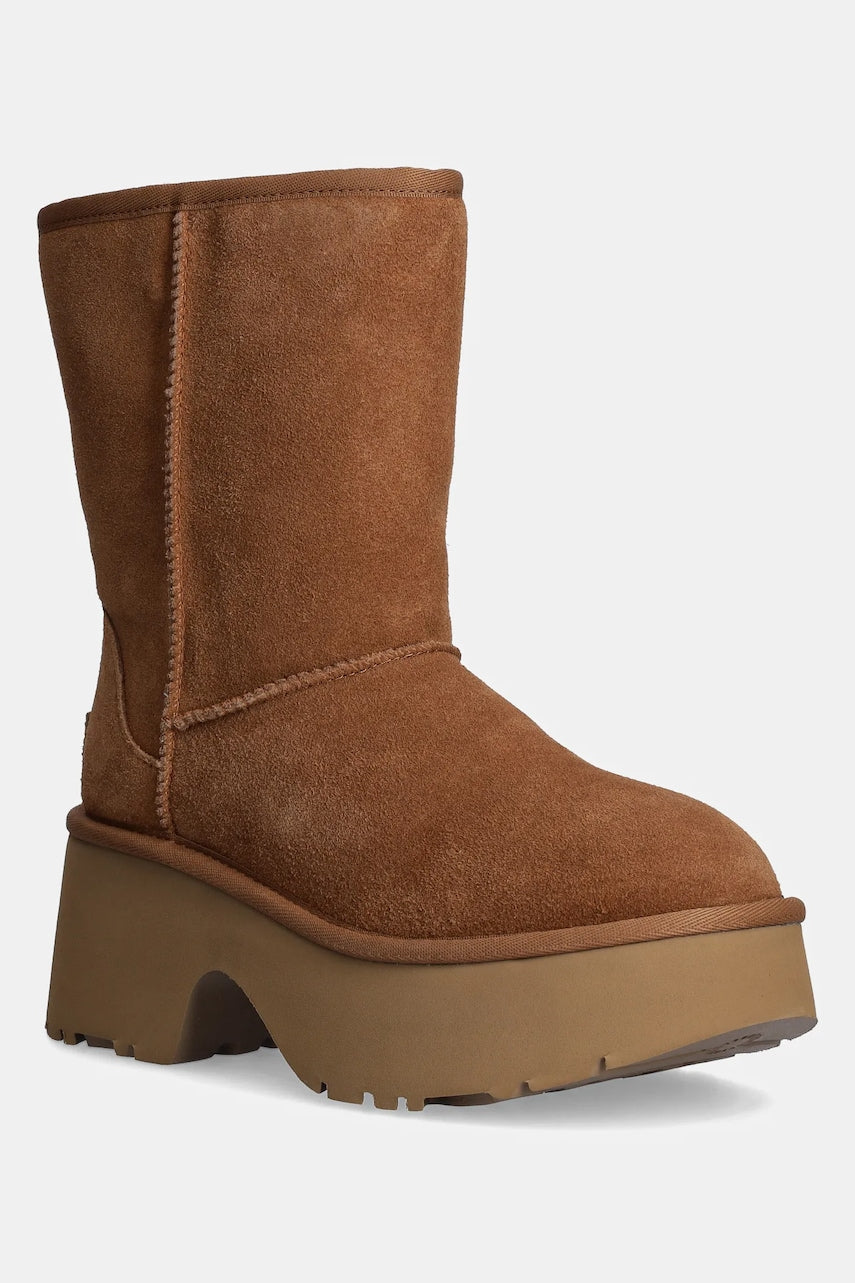 Čizme za snijeg od brušene kože UGG Classic Short New Heights za žene, boja: smeđa, s platformom, s toplom podstavom, 1158310-CHE