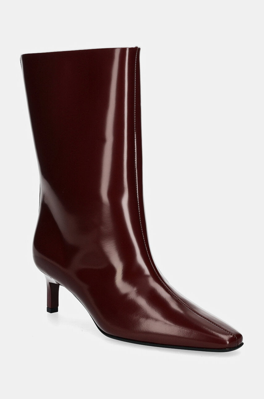 Kožne gležnjače Calvin Klein HEEL MID BOOT 50 LTH za žene, boja: bordo, s tankom potpeticom, HW0HW02151