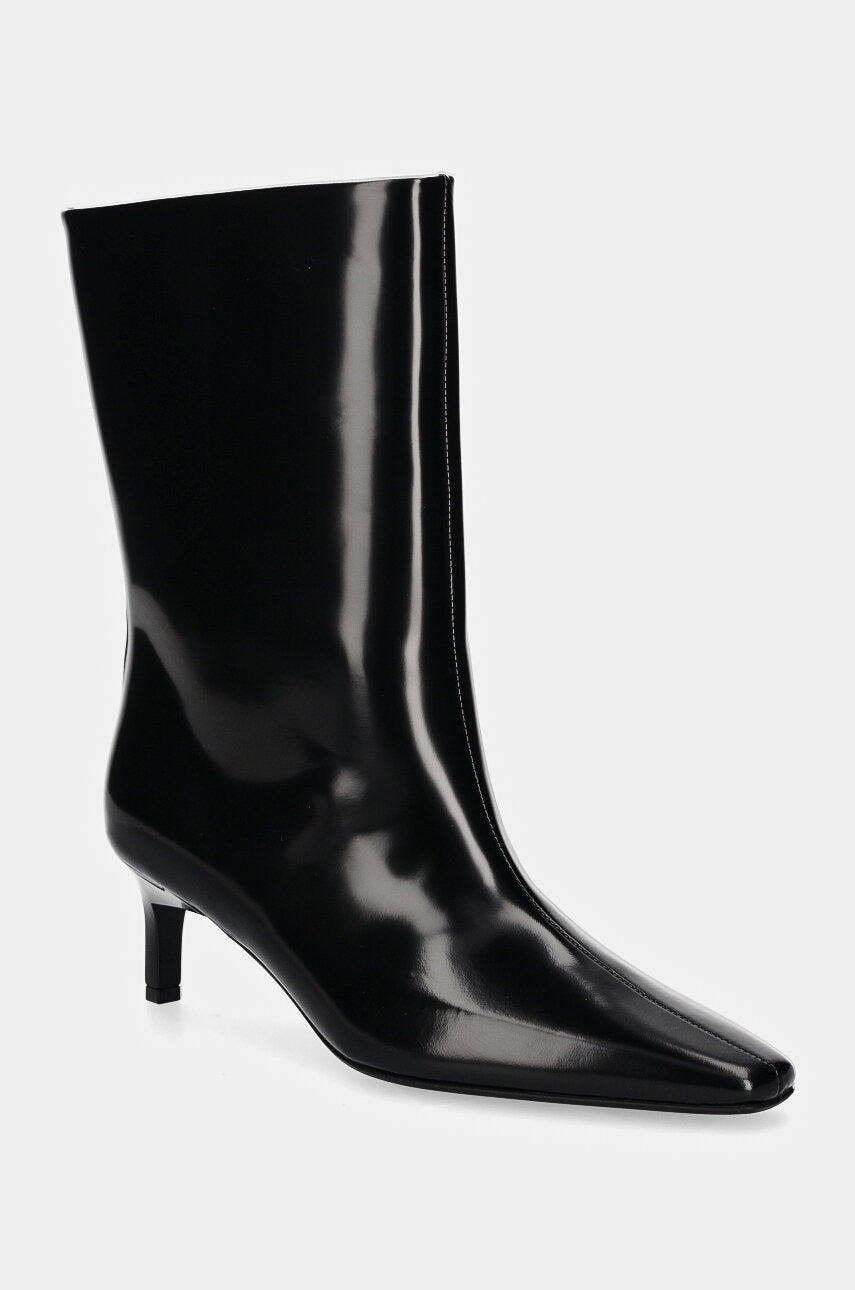 Kožne gležnjače Calvin Klein HEEL MID BOOT 50 LTH za žene, boja: crna, s tankom potpeticom, HW0HW02151