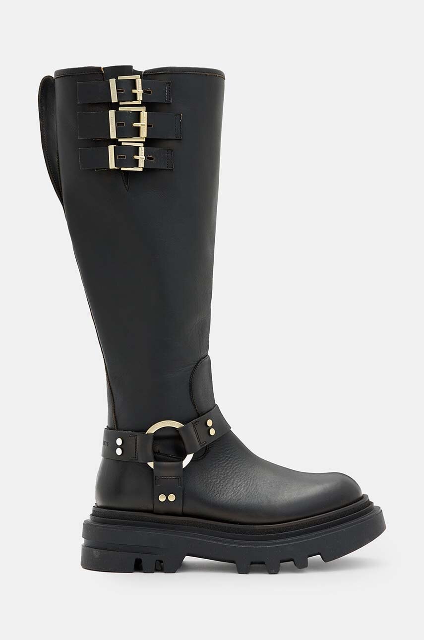 Usnjeni elegantni škornji AllSaints Jade Biker Boot ženski, črna barva, W055FB