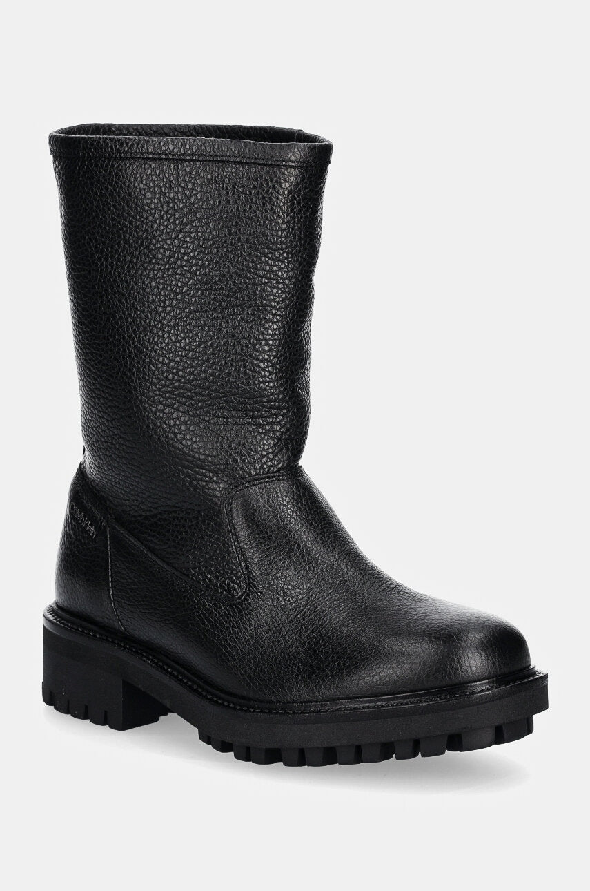 Kožne gležnjače Calvin Klein FLAT BIKER BOOT LTH za žene, boja: crna, s platformom, HW0HW02234