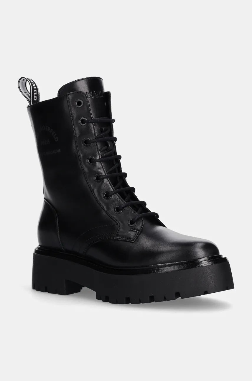 Kožne čizme Karl Lagerfeld BURLY BIKER za žene, boja: crna, ravni potplat, KL43455