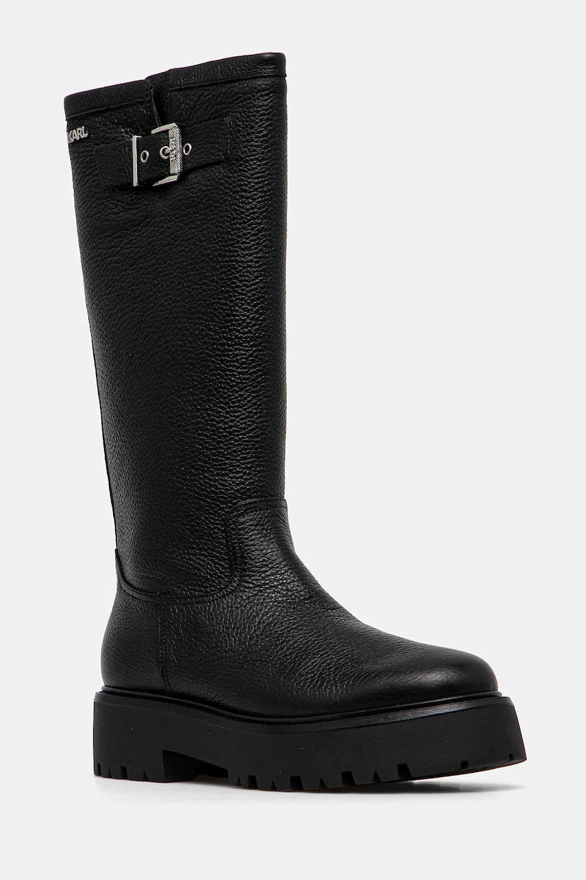 Usnjeni elegantni škornji Karl Lagerfeld BURLY BIKER ženski, črna barva, KL43490W