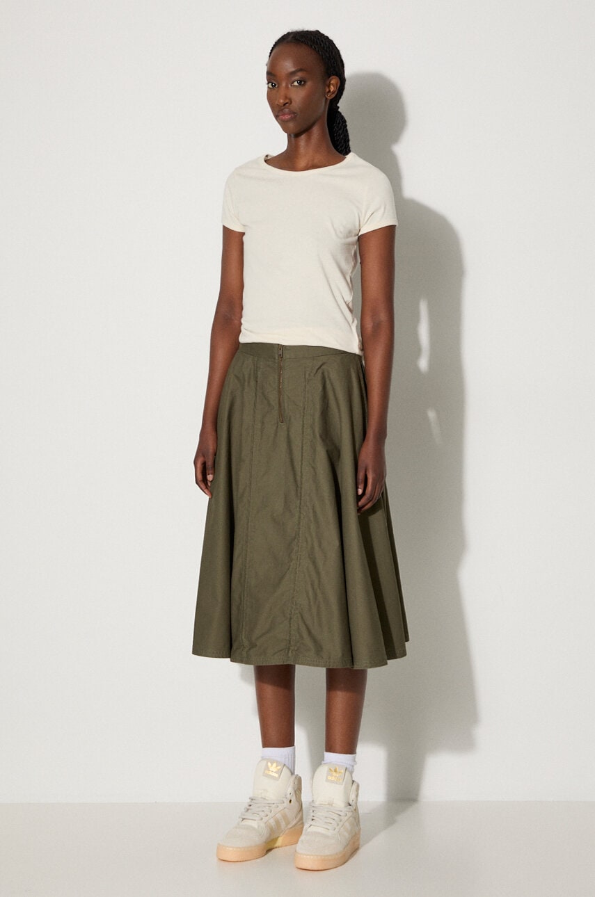 Pamučna suknja Vans Premium Classics LX A-Line Ruched Skirt boja: zelena, midi, širi se prema dolje, VN000GZ5KCZ1