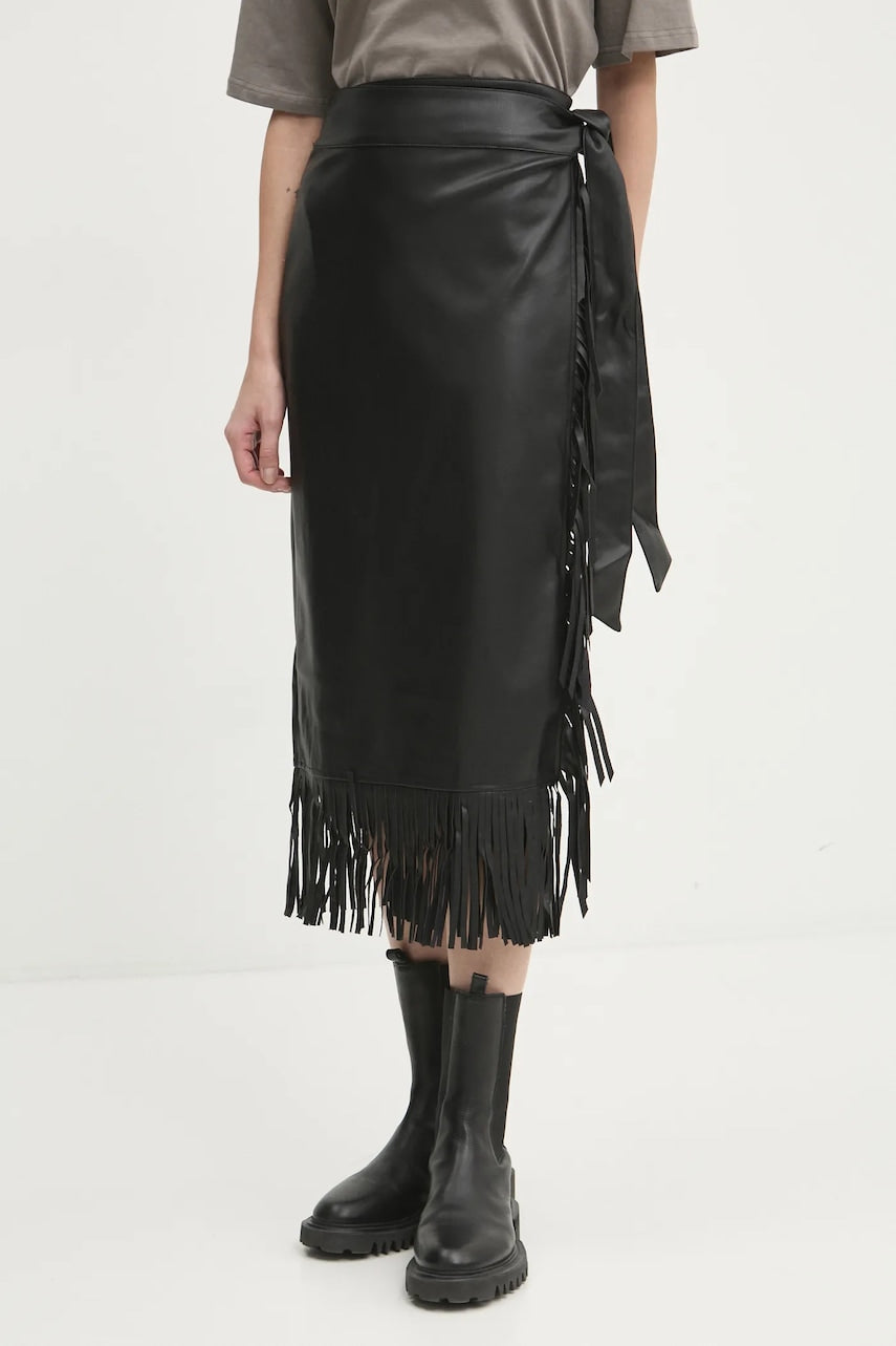 Kožna suknja Never Fully Dressed Vegan Leather Fringe Jaspre boja: crna, midi, pencil, NFDSK573