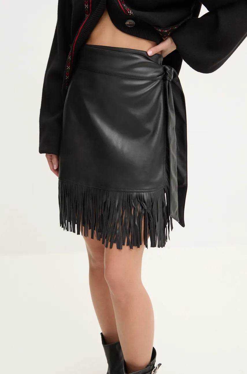 Suknja Never Fully Dressed Vegan Leather Mini Fringe Jaspre boja: crna, mini, pencil, NFDSK591