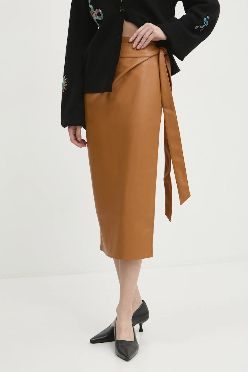 Suknja Never Fully Dressed Vegan Leather Jaspre Skirt boja: smeđa, midi, pencil, NFDSK473