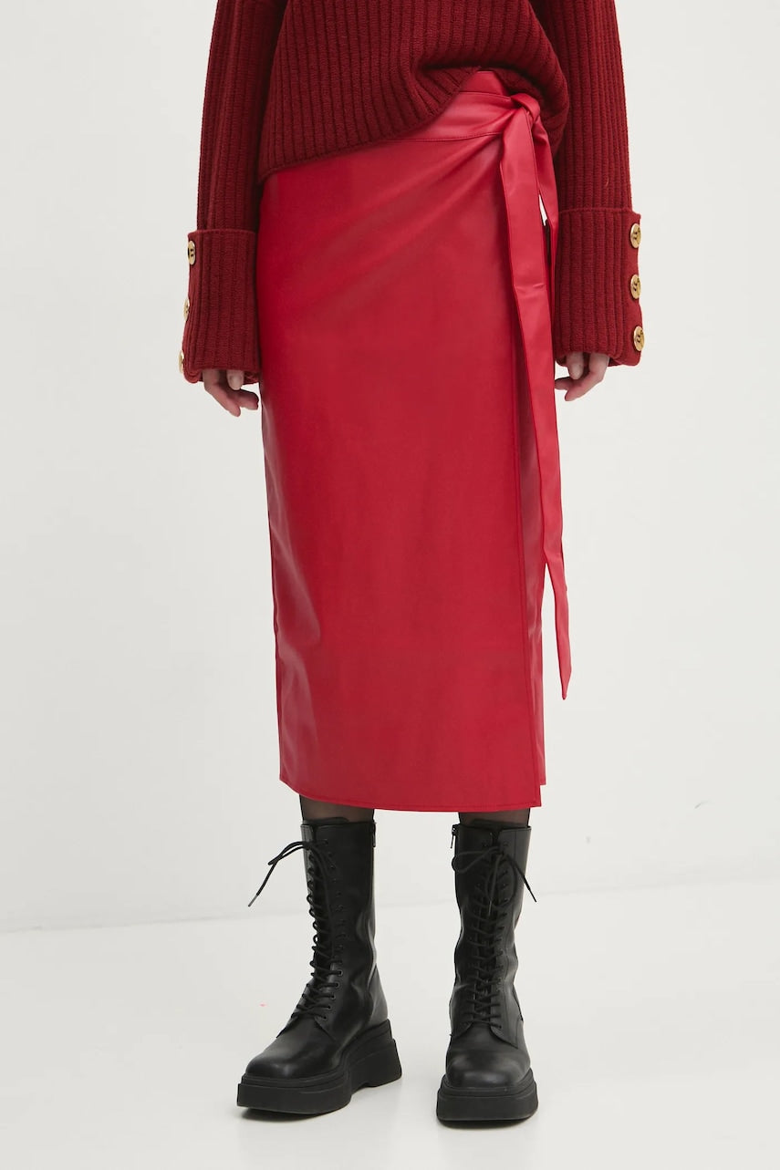 Suknja Never Fully Dressed Vegan Leather Jaspre Skirt boja: crvena, midi, pencil, NFDSK556