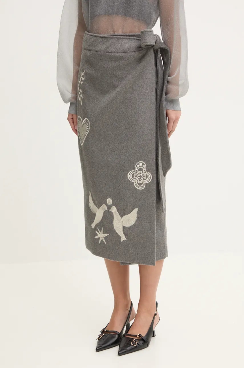 Suknja s primjesom vune Never Fully Dressed Midnight Romance Jaspre boja: siva, midi, ravna, NFDSK560