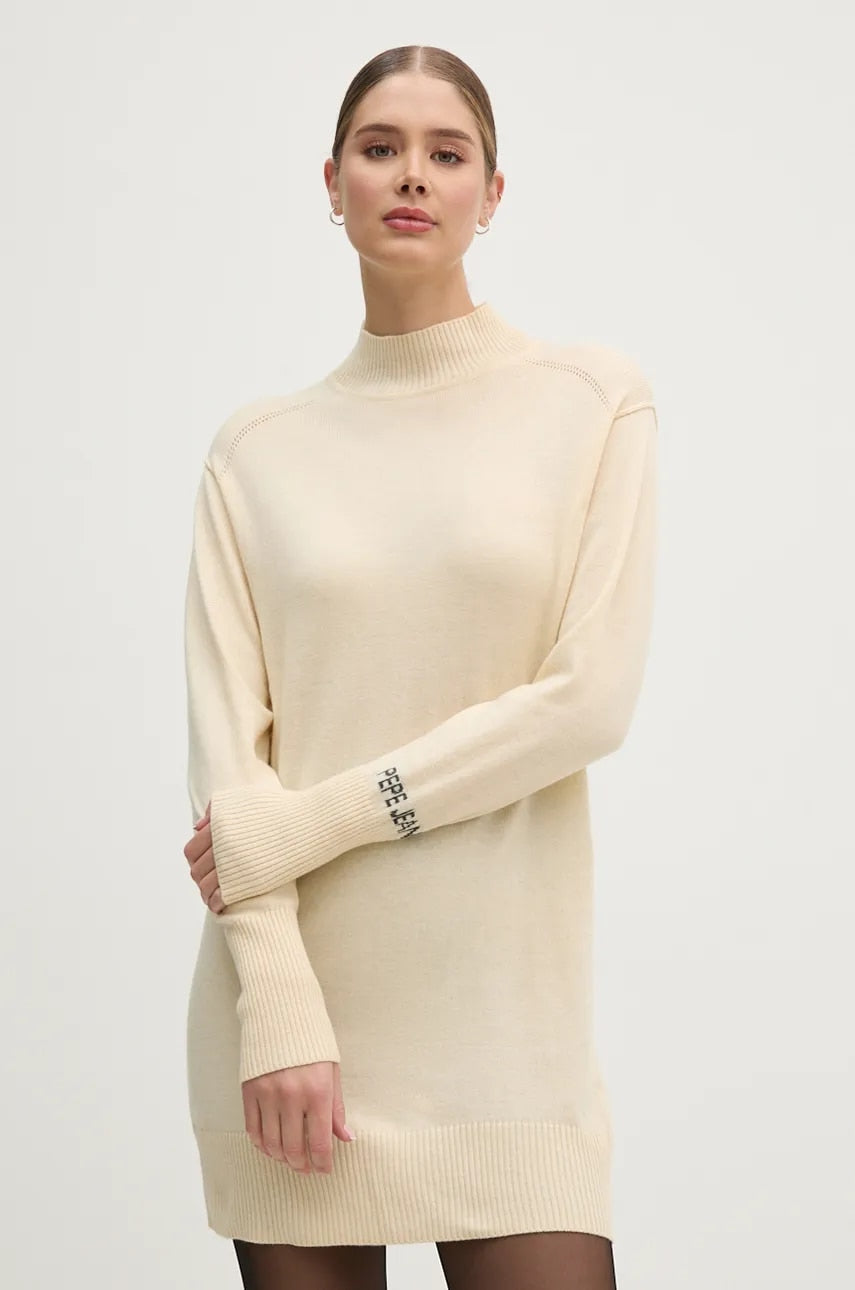 Haljina s primjesom vune Pepe Jeans HAZEL DRESS boja: bež, mini, ravna, PL953593