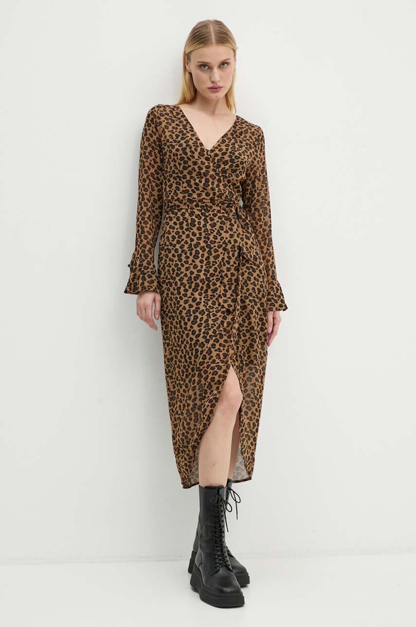 Haljina Never Fully Dressed Leopard Sheer Wrap Dress boja: smeđa, midi, širi se prema dolje, NL28459