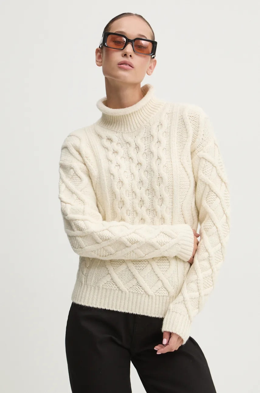 Vuneni pulover HUGO za žene, boja: bež, topli, s dolčevitom, 50527692