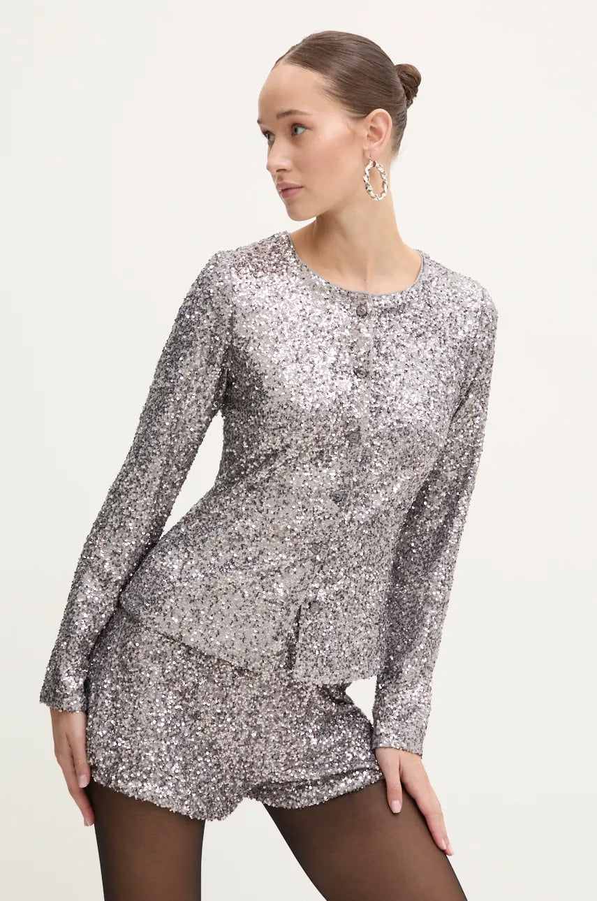 Košulja Never Fully Dressed Gunmetal Alexa Sequin Cardigan za žene, boja: srebrna, regular, NFDTO1583