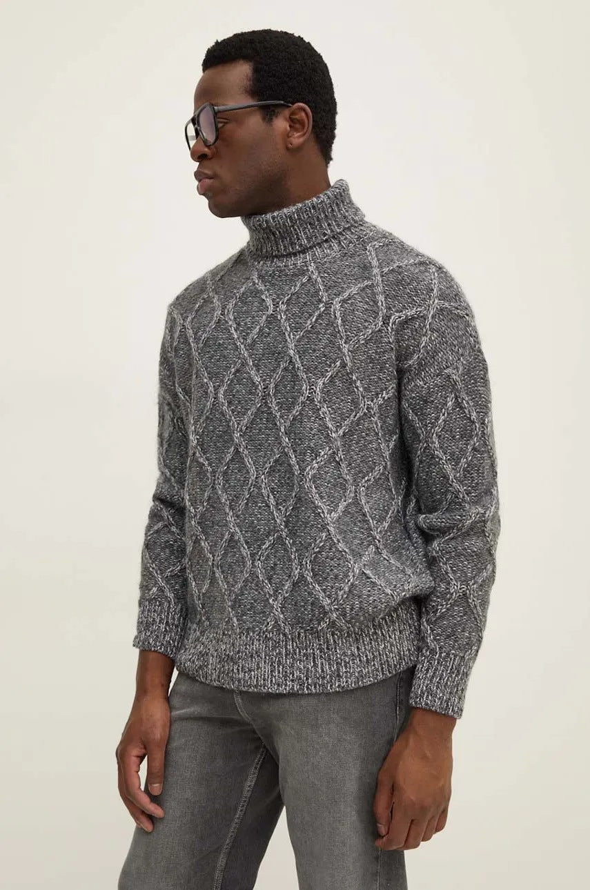 Pulover BOSS za muškarce, boja: siva, topli, s dolčevitom, 50527635