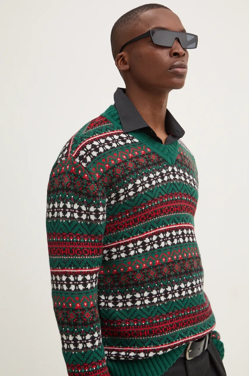 Vuneni pulover HUGO za muškarce, boja: zelena, topli, 50524563