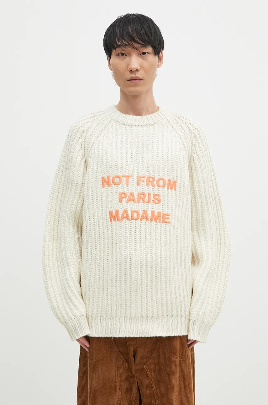 Vuneni pulover Drôle de Monsieur La Maille TressEe Slogan za muškarce, boja: bež, topli, E-PO163-WO028-EC