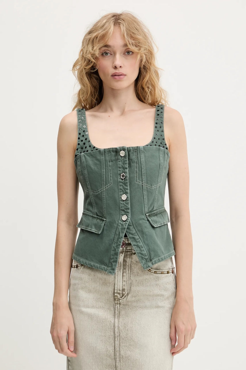 Top iz jeansa Stine Goya ženski, zelena barva, SG-PF25-T083-2393