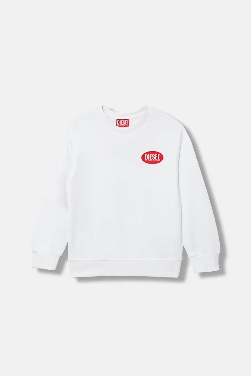 Otroški bombažen pulover Diesel SPATCH OVER SWEAT-SHIRT bela barva, J02482