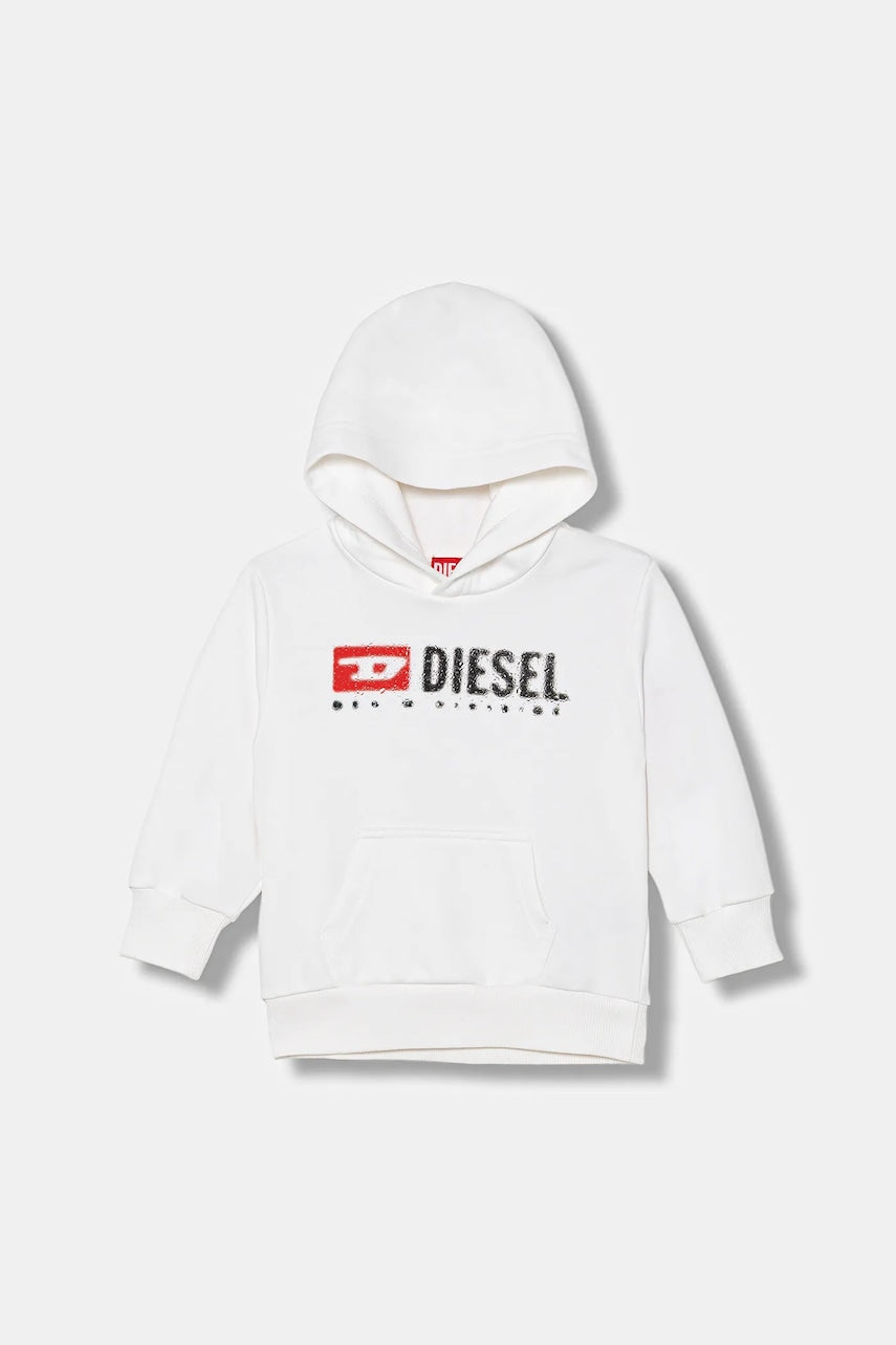 Otroški pulover Diesel SDROPSHOOD OVER SWEAT-SHIRT bela barva, s kapuco, J02485