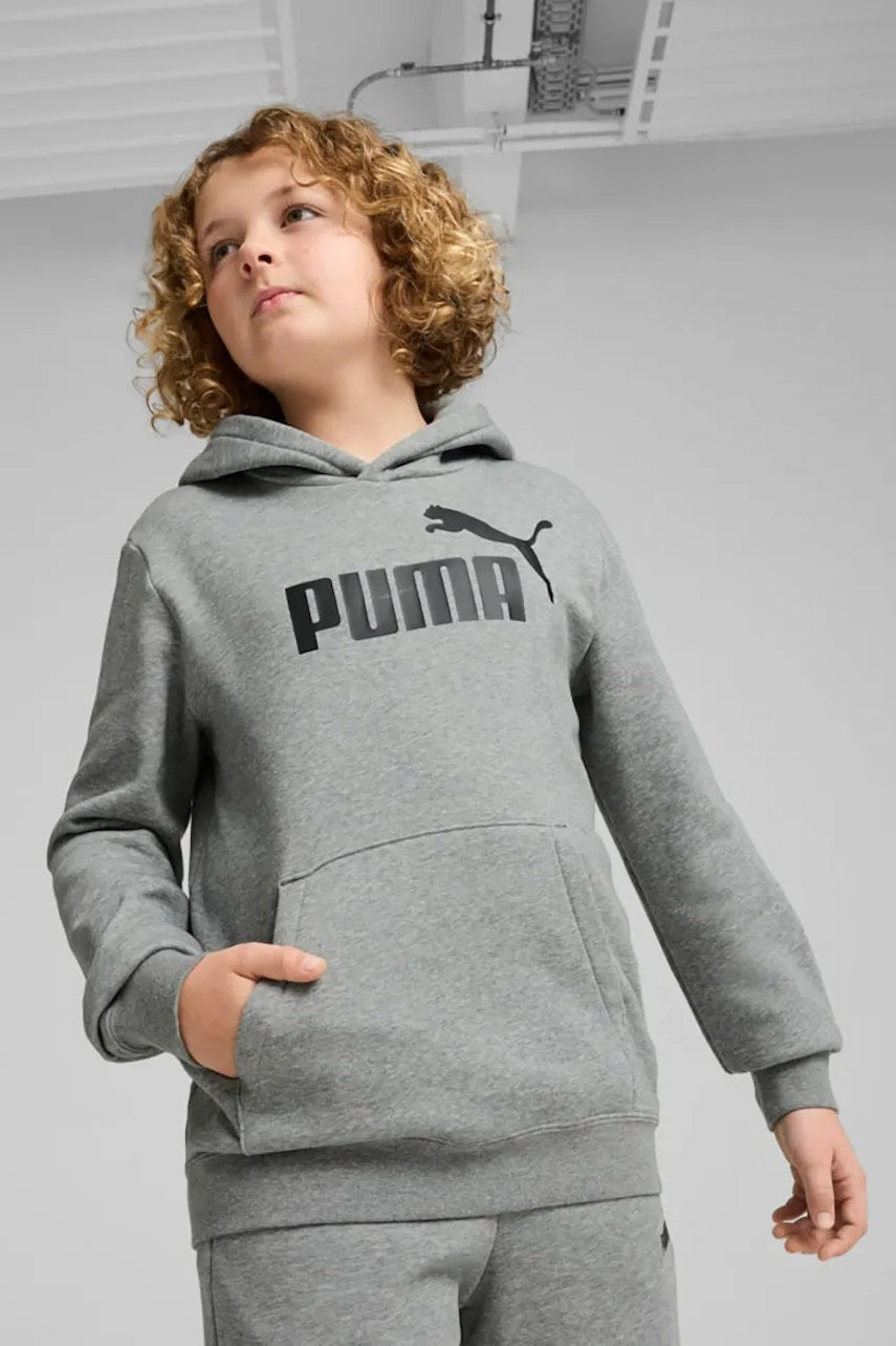 Otroški pulover Puma ESS No. 1 Logo Hoodie FL B siva barva, s kapuco, 684908