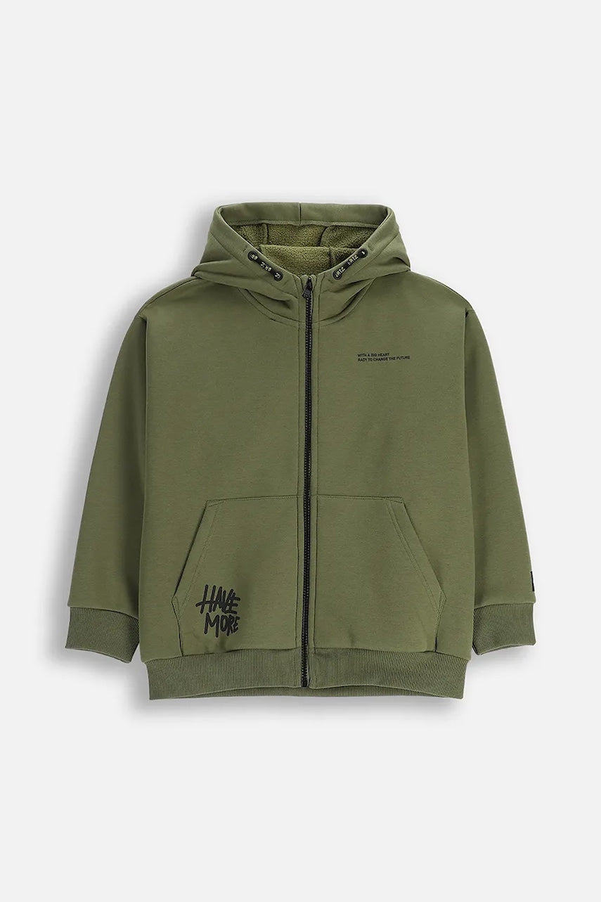 Otroški bombažni pulover Coccodrillo zelena barva, s kapuco, SPORTS BOY JUNIOR