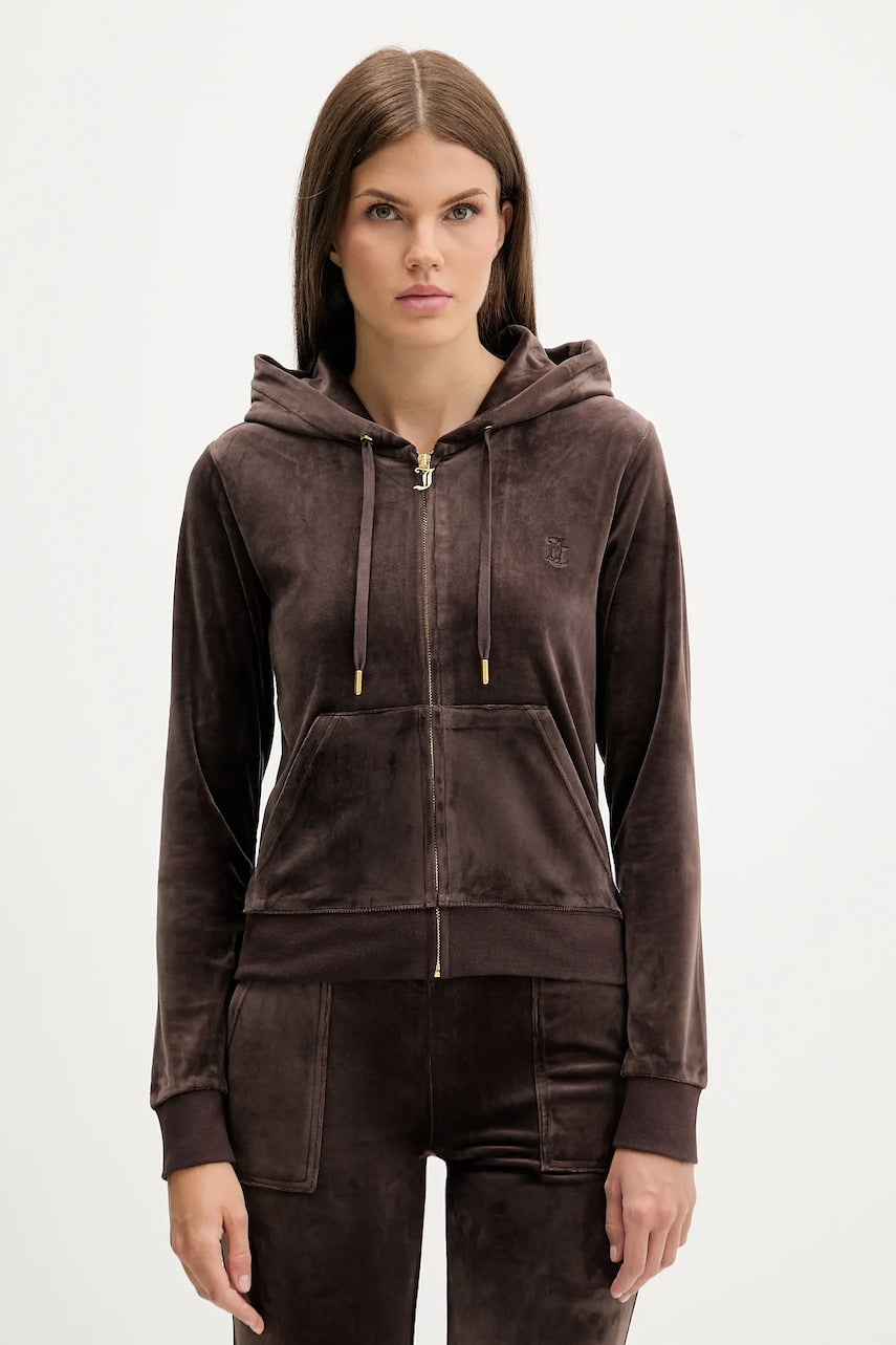 Pulover Juicy Couture ROBERTSON HOODIE ženski, bež barva, s kapuco, JCAP176G