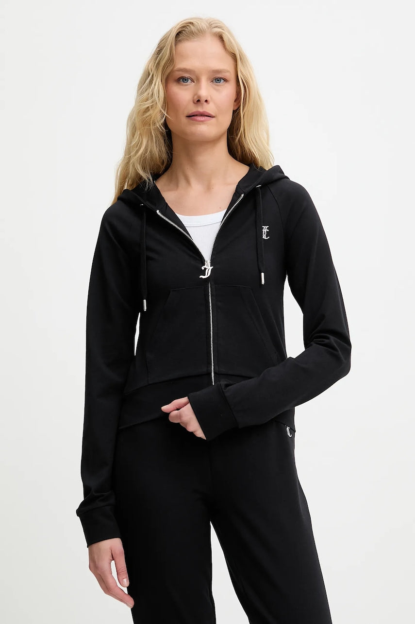 Pulover Juicy Couture SINGLE JERSEY OLA HOODIE ženski, črna barva, s kapuco, JCWAS125310
