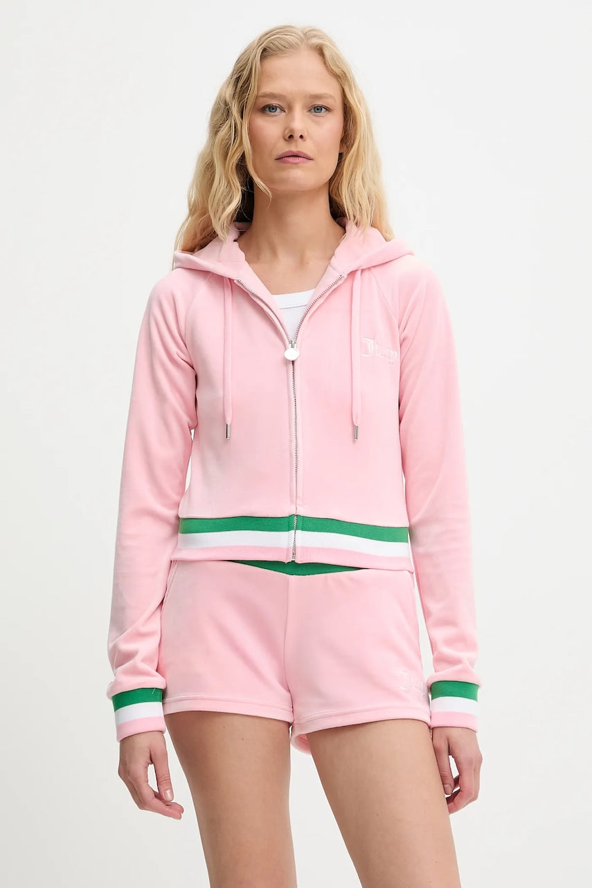Pulover Juicy Couture VELOUR CROPPED STRIPE HOODIE ženski, roza barva, s kapuco, JCWAS225351