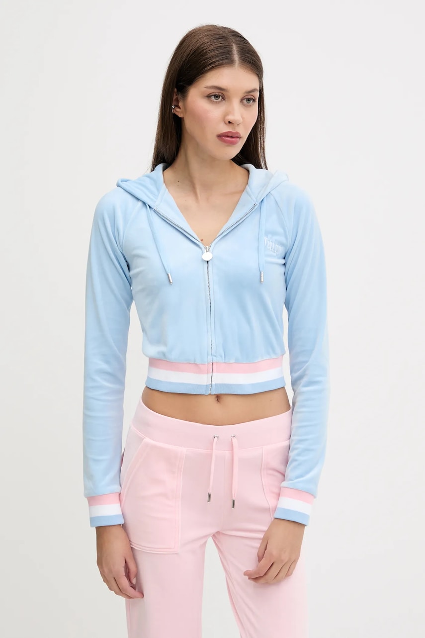 Dukserica Juicy Couture VELOUR CROPPED STRIPE HOODIE za žene, s kapuljačom, s aplikacijom, JCWAS225351