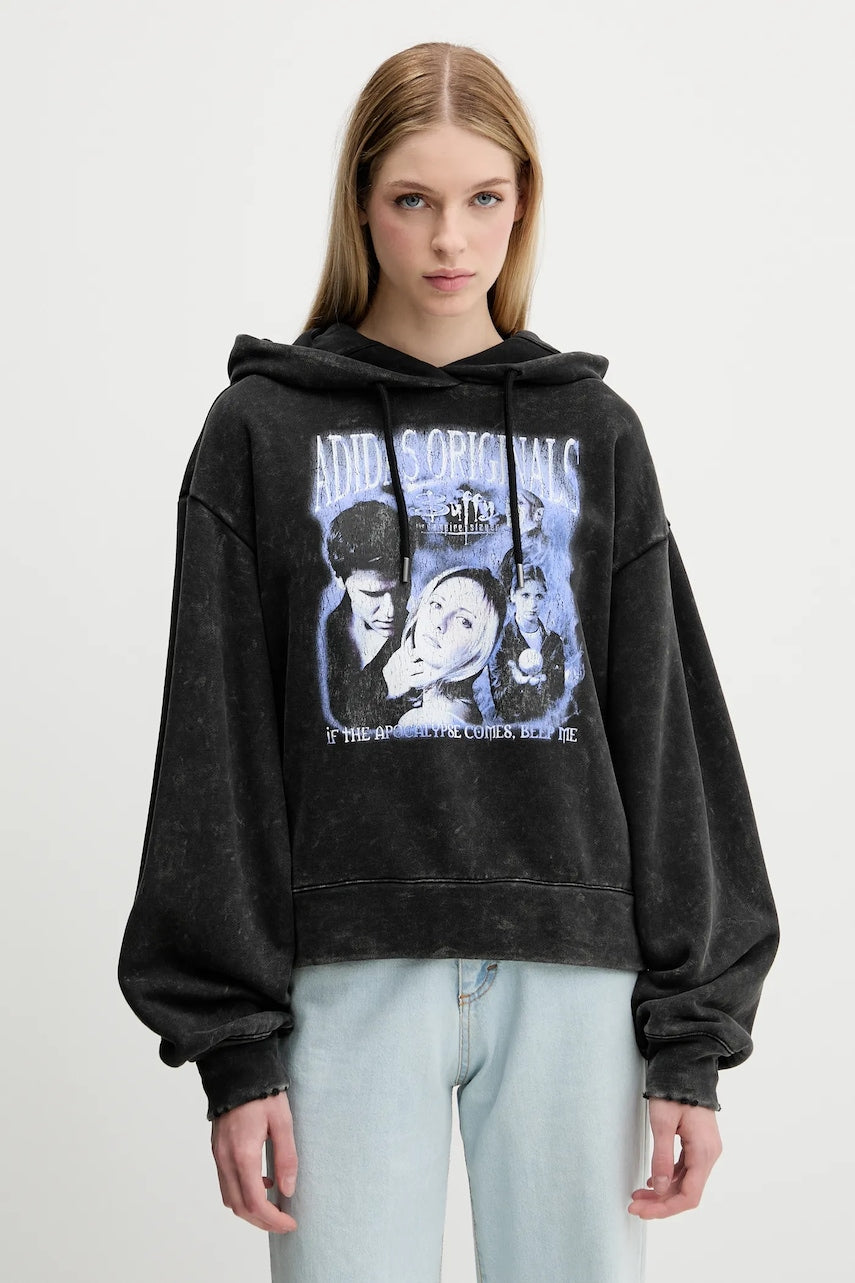 Pamučna dukserica adidas Originals Buffy Hoodie za žene, boja: crna, s kapuljačom, s tiskom, JW0155
